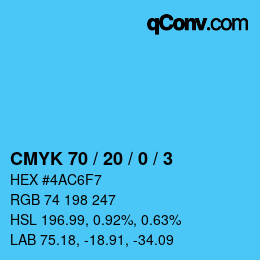 カラーコード: CMYK 70 / 20 / 0 / 3 | qconv.com