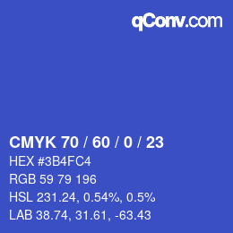 カラーコード: CMYK 70 / 60 / 0 / 23 | qconv.com