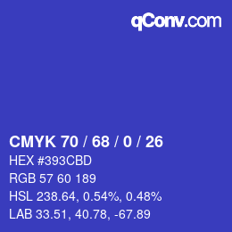 Color code: CMYK 70 / 68 / 0 / 26 | qconv.com