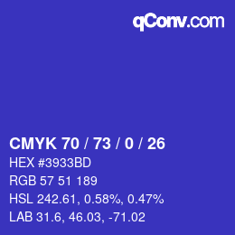 カラーコード: CMYK 70 / 73 / 0 / 26 | qconv.com