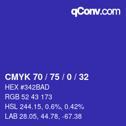 カラーコード: CMYK 70 / 75 / 0 / 32 | qconv.com