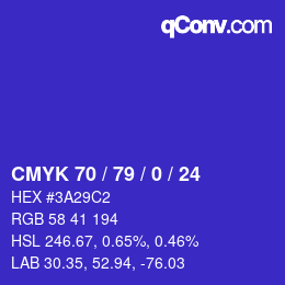カラーコード: CMYK 70 / 79 / 0 / 24 | qconv.com