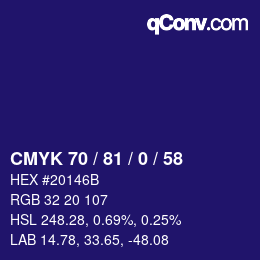 Color code: CMYK 70 / 81 / 0 / 58 | qconv.com