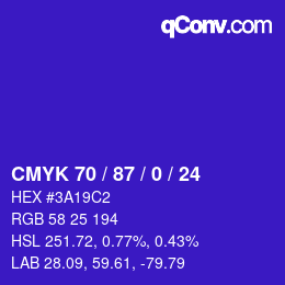 カラーコード: CMYK 70 / 87 / 0 / 24 | qconv.com