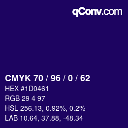 カラーコード: CMYK 70 / 96 / 0 / 62 | qconv.com