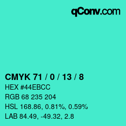 颜色代码: CMYK 71 / 0 / 13 / 8 | qconv.com