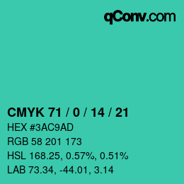 カラーコード: CMYK 71 / 0 / 14 / 21 | qconv.com