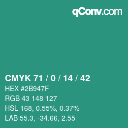 Color code: CMYK 71 / 0 / 14 / 42 | qconv.com