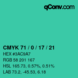 カラーコード: CMYK 71 / 0 / 17 / 21 | qconv.com