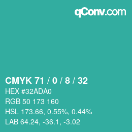 カラーコード: CMYK 71 / 0 / 8 / 32 | qconv.com