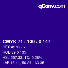 Farbcode: CMYK 71 / 100 / 0 / 47 | qconv.com