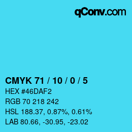 カラーコード: CMYK 71 / 10 / 0 / 5 | qconv.com