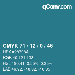 カラーコード: CMYK 71 / 12 / 0 / 46 | qconv.com