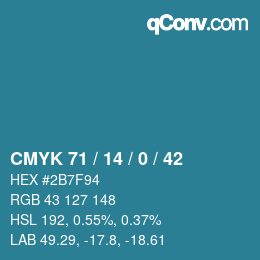 カラーコード: CMYK 71 / 14 / 0 / 42 | qconv.com
