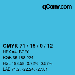 カラーコード: CMYK 71 / 16 / 0 / 12 | qconv.com