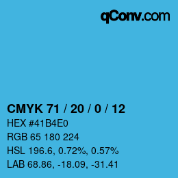 颜色代码: CMYK 71 / 20 / 0 / 12 | qconv.com