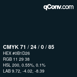 カラーコード: CMYK 71 / 24 / 0 / 85 | qconv.com