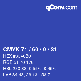 カラーコード: CMYK 71 / 60 / 0 / 31 | qconv.com