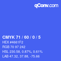 カラーコード: CMYK 71 / 60 / 0 / 5 | qconv.com