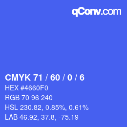 カラーコード: CMYK 71 / 60 / 0 / 6 | qconv.com