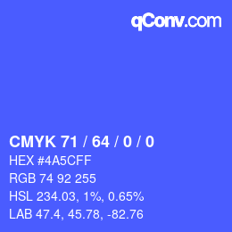 カラーコード: CMYK 71 / 64 / 0 / 0 | qconv.com