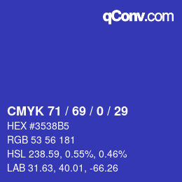 カラーコード: CMYK 71 / 69 / 0 / 29 | qconv.com