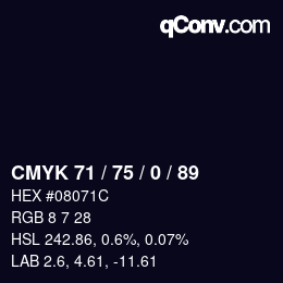 カラーコード: CMYK 71 / 75 / 0 / 89 | qconv.com