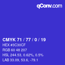 Color code: CMYK 71 / 77 / 0 / 19 | qconv.com