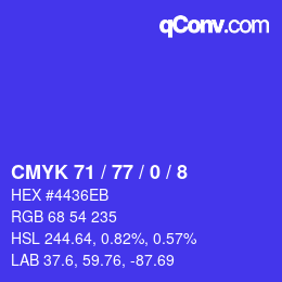 カラーコード: CMYK 71 / 77 / 0 / 8 | qconv.com