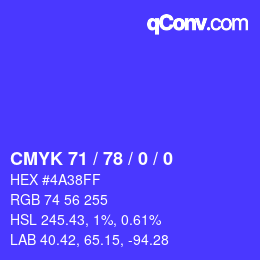 カラーコード: CMYK 71 / 78 / 0 / 0 | qconv.com