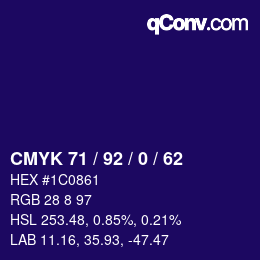 カラーコード: CMYK 71 / 92 / 0 / 62 | qconv.com