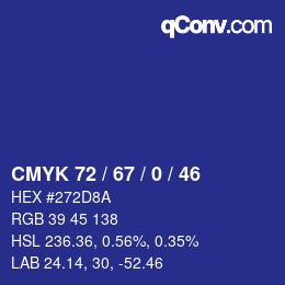 Color code: CMYK 72 / 67 / 0 / 46 | qconv.com