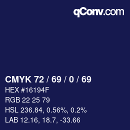 Farbcode: CMYK 72 / 69 / 0 / 69 | qconv.com