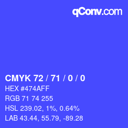 カラーコード: CMYK 72 / 71 / 0 / 0 | qconv.com