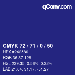 Color code: CMYK 72 / 71 / 0 / 50 | qconv.com