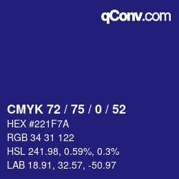Farbcode: CMYK 72 / 75 / 0 / 52 | qconv.com