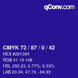 カラーコード: CMYK 72 / 87 / 0 / 42 | qconv.com