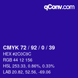 カラーコード: CMYK 72 / 92 / 0 / 39 | qconv.com