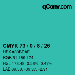 カラーコード: CMYK 73 / 0 / 8 / 26 | qconv.com