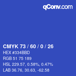 カラーコード: CMYK 73 / 60 / 0 / 26 | qconv.com