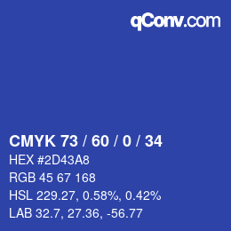 カラーコード: CMYK 73 / 60 / 0 / 34 | qconv.com