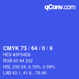 カラーコード: CMYK 73 / 64 / 0 / 9 | qconv.com