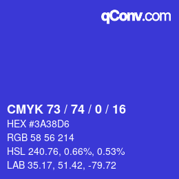 Code couleur: CMYK 73 / 74 / 0 / 16 | qconv.com