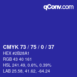 カラーコード: CMYK 73 / 75 / 0 / 37 | qconv.com