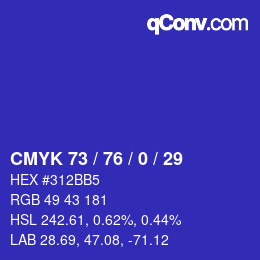 Farbcode: CMYK 73 / 76 / 0 / 29 | qconv.com