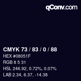 Farbcode: CMYK 73 / 83 / 0 / 88 | qconv.com