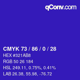 カラーコード: CMYK 73 / 86 / 0 / 28 | qconv.com
