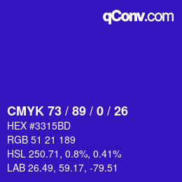 カラーコード: CMYK 73 / 89 / 0 / 26 | qconv.com
