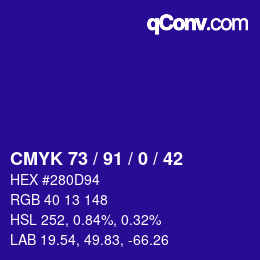 カラーコード: CMYK 73 / 91 / 0 / 42 | qconv.com