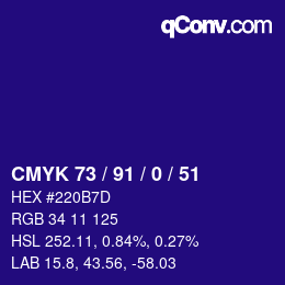 Color code: CMYK 73 / 91 / 0 / 51 | qconv.com